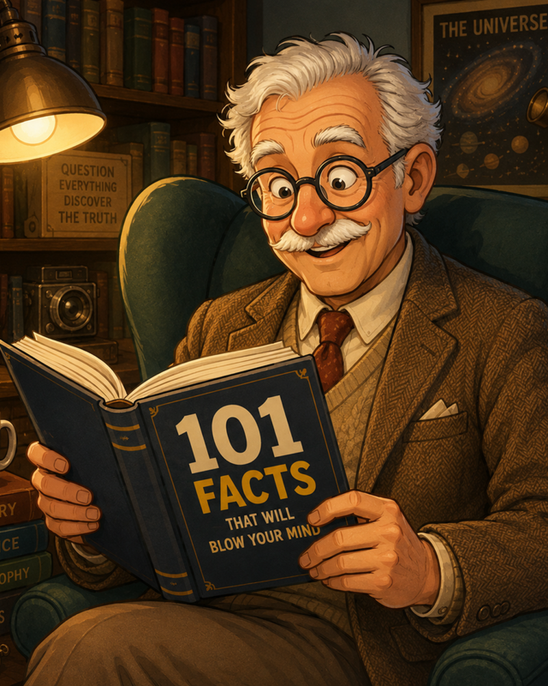 The Dense Reality host reading a book of 101 facts in his study